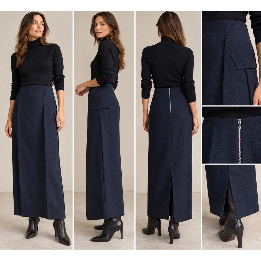 Roland Mouret Navy Blue Asymmetric Pocket Crepe Maxi Skirt